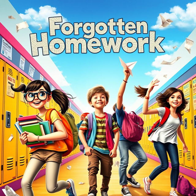 A vibrant movie cover for a teenage comedy film titled 'Forgotten Homework'