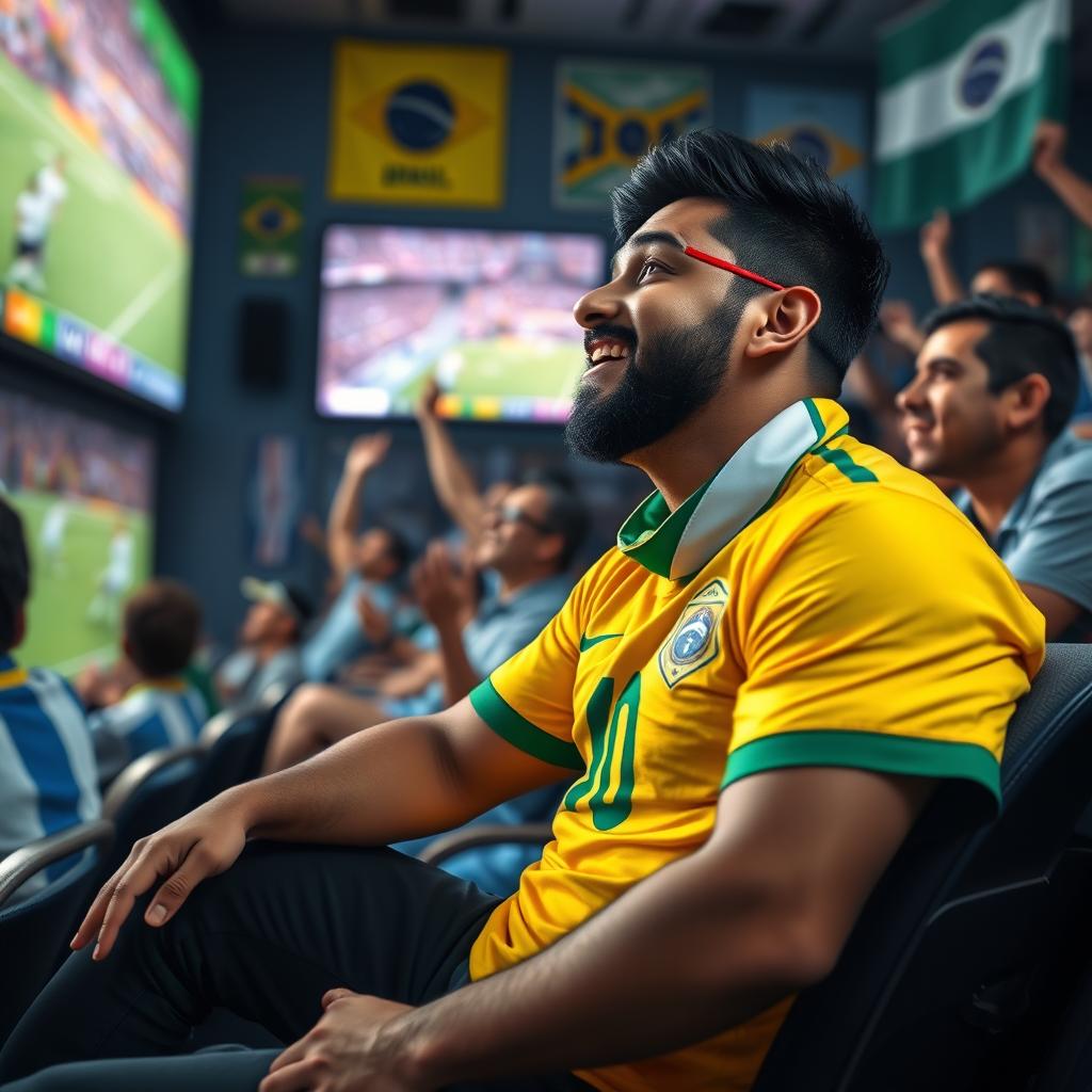 A scene depicting a passionate football fan named Rehan watching a Brazil vs Argentina match