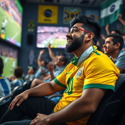 A scene depicting a passionate football fan named Rehan watching a Brazil vs Argentina match