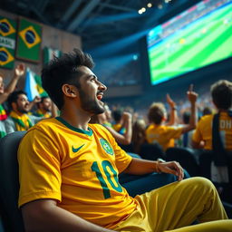 A scene depicting a passionate football fan named Rehan watching a Brazil vs Argentina match
