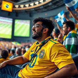 A scene depicting a passionate football fan named Rehan watching a Brazil vs Argentina match