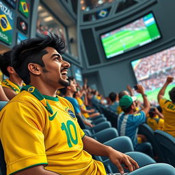 A scene depicting a passionate football fan named Rehan watching a Brazil vs Argentina match