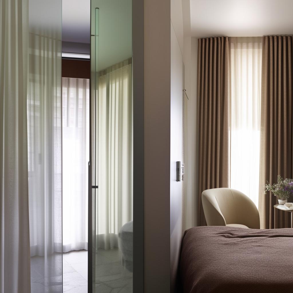 Elegant bedroom entrance featuring a sleek mirror with a chair beside it. A cozy bed is situated by the right side of a window dressed in curtains. Across the bed, discover a wardrobe and a modern en-suite bathroom.