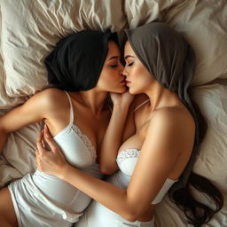 Two young women wearing headscarves, featuring large breasts and dressed in sexy white lingerie, are lying on a bed, embracing and kissing each other in an intimate pose