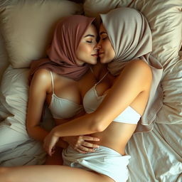 Two young women wearing headscarves, featuring large breasts and dressed in sexy white lingerie, are lying on a bed, embracing and kissing each other in an intimate pose