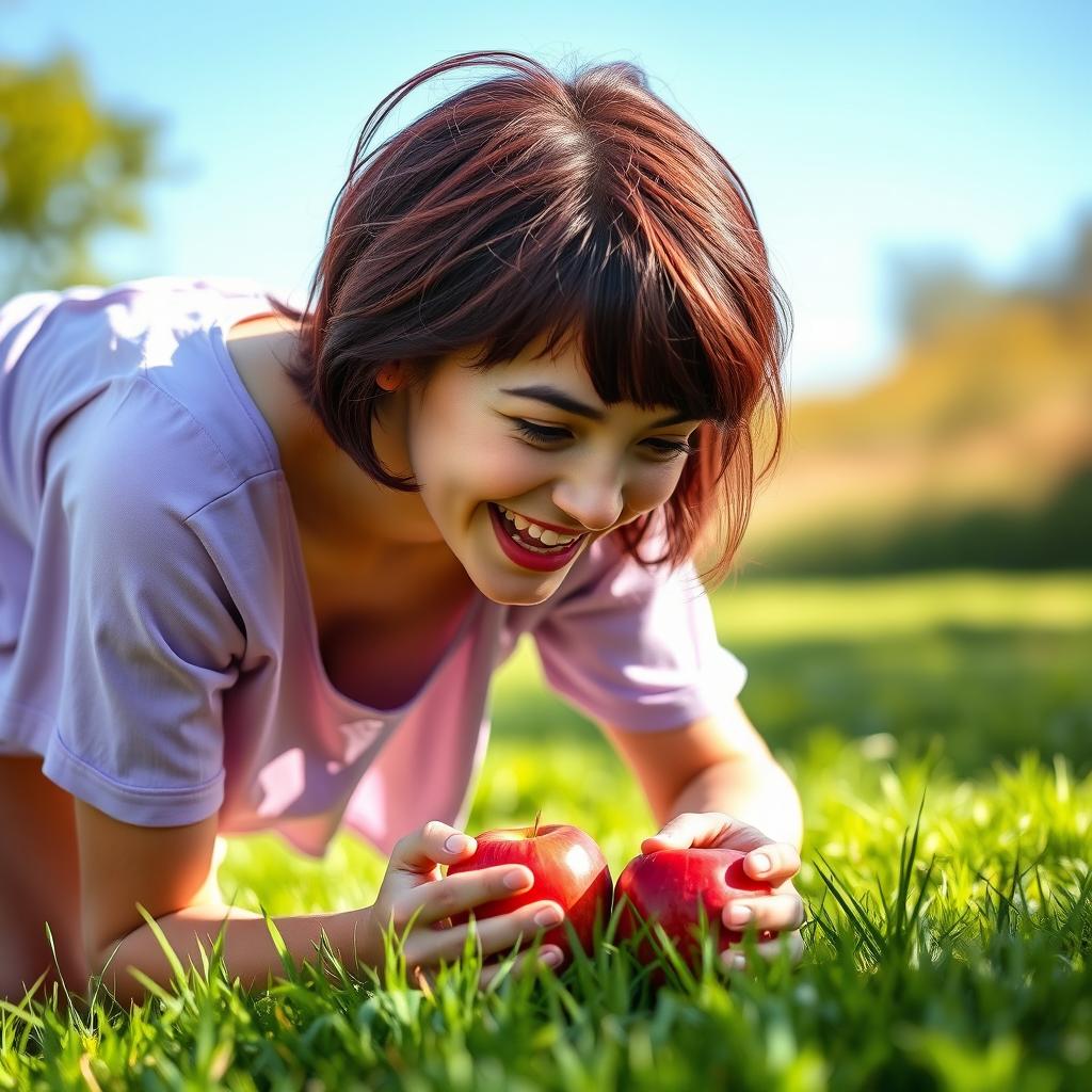 A charming and beautiful twenty-year-old girl with short burgundy hair and sparkling honey eyes, wearing a comfortable lilac top with an open front, bending down with a joyful expression as she laughs while picking up a red apple from the ground, surrounded by a bright, sunlit environment with soft green grass and a clear blue sky, capturing a cheerful and vibrant moment in nature