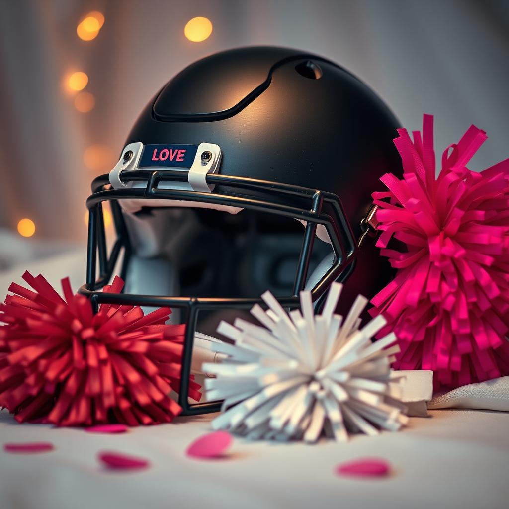 A romantic scene featuring a dark-themed football helmet alongside vibrant cheer pom poms, capturing the essence of a romance novel aesthetic