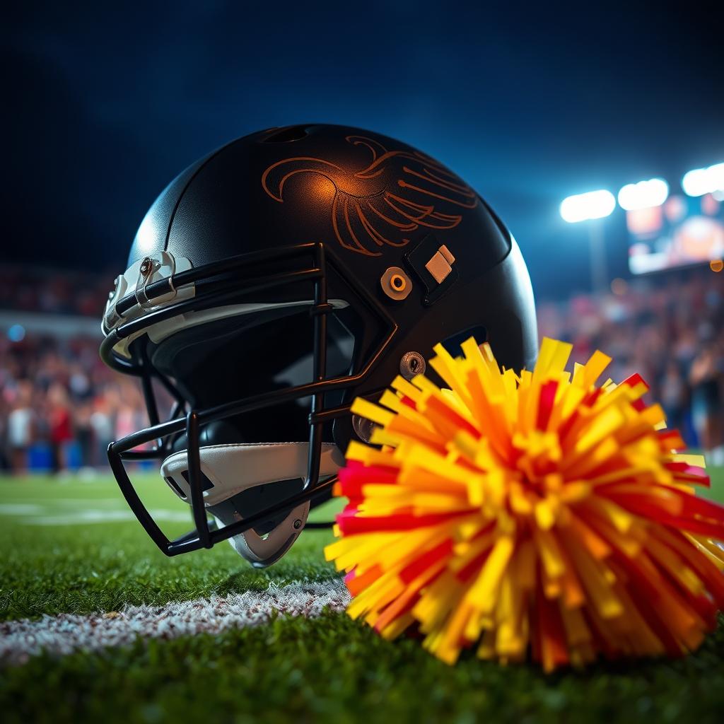 A romantic scene set in a dimly lit football stadium, featuring a close-up of a football helmet adorned with intricate designs and dark colors