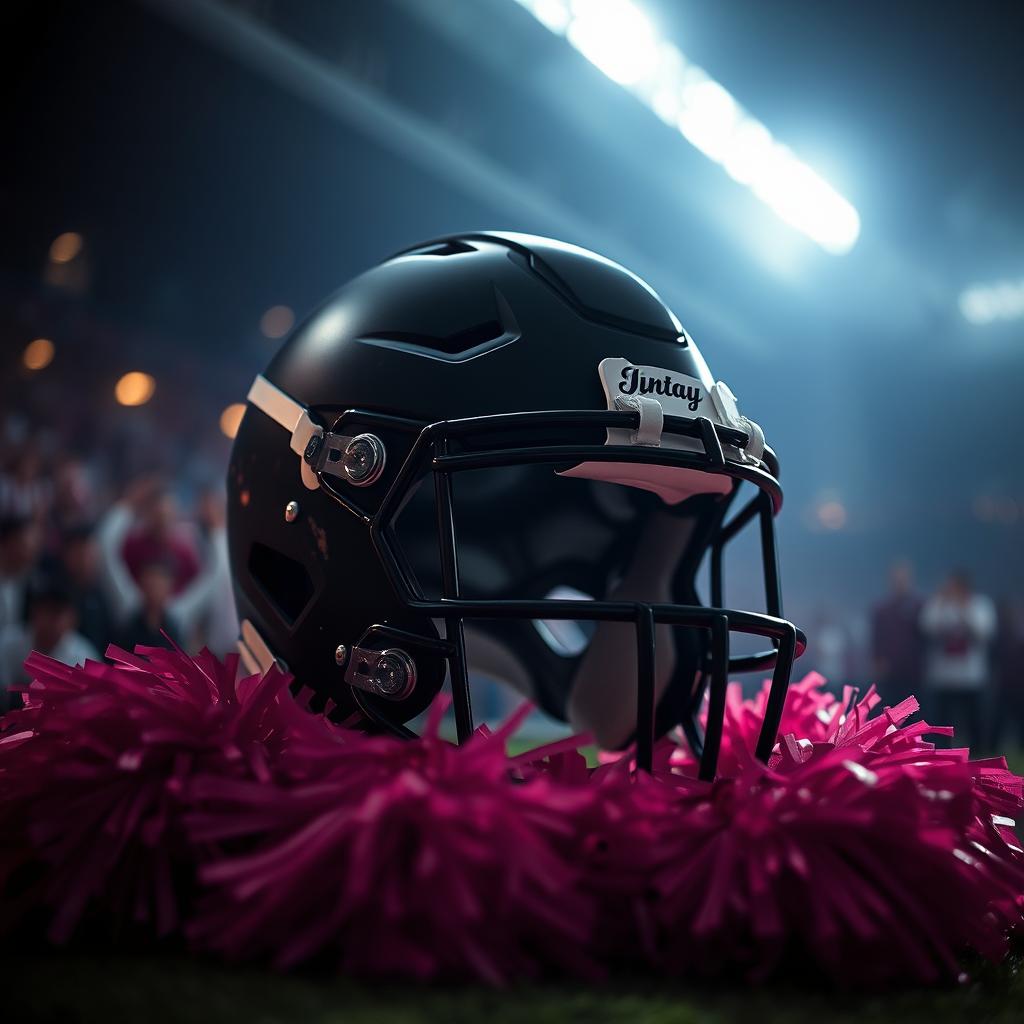 A romantic scene set in a dimly lit football stadium, featuring a football helmet in dark colors with elegant detailing