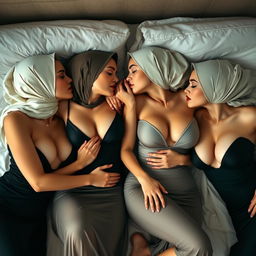 Four young women wearing headscarves, with large breasts and form-fitting evening gowns showcasing deep necklines, lying on a bed in a sensual pose