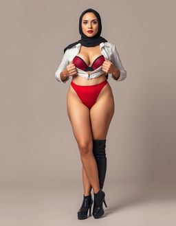 A voluptuous, high-class European secretary in her 40s stands confidently, showcasing her white skin and elegant features