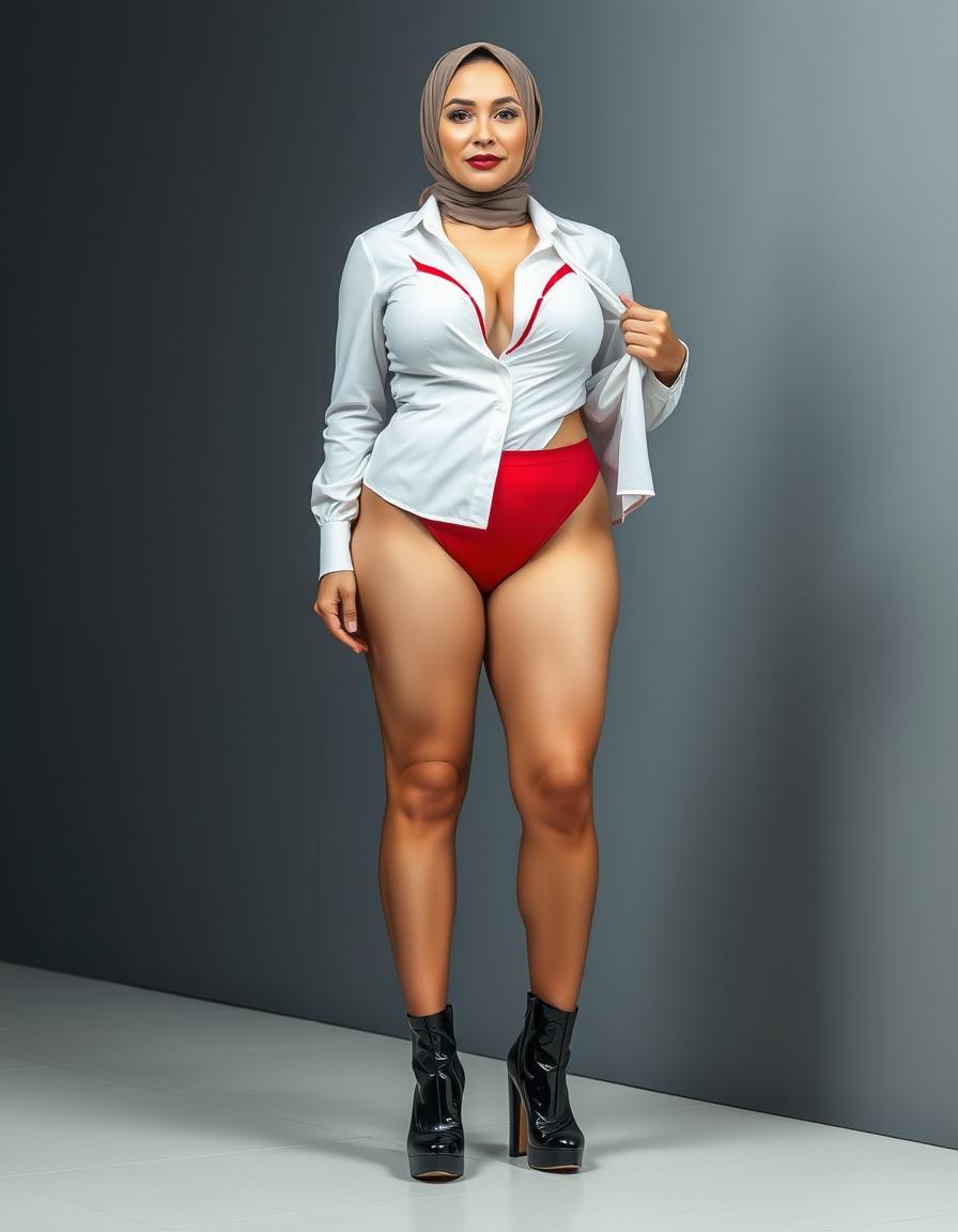A voluptuous, high-class European secretary in her 40s stands confidently, showcasing her white skin and elegant features