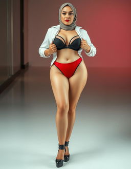 A voluptuous, high-class European secretary in her 40s stands confidently, showcasing her white skin and elegant features