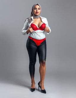 A voluptuous, high-class European secretary in her 40s stands confidently, showcasing her white skin and elegant features