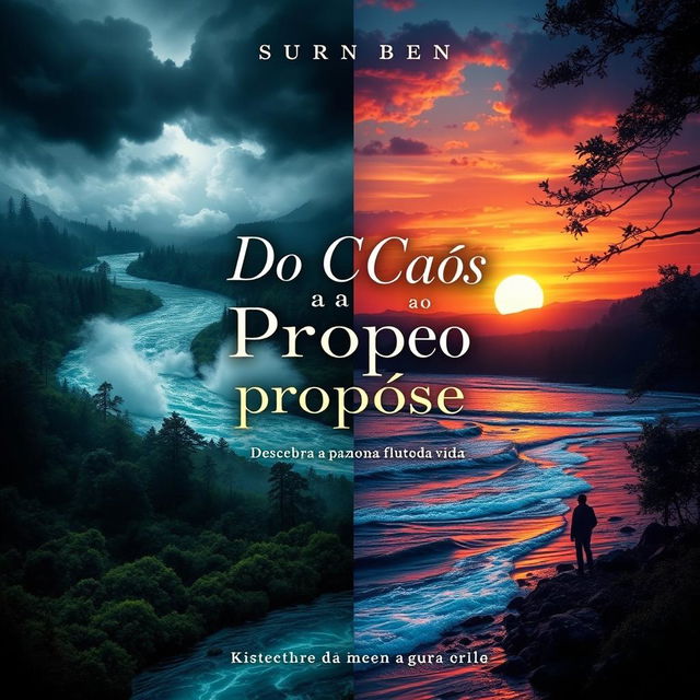 A captivating book cover design titled 'Do Caos ao Propósito: Descubra a Paz no Fluxo da Vida'