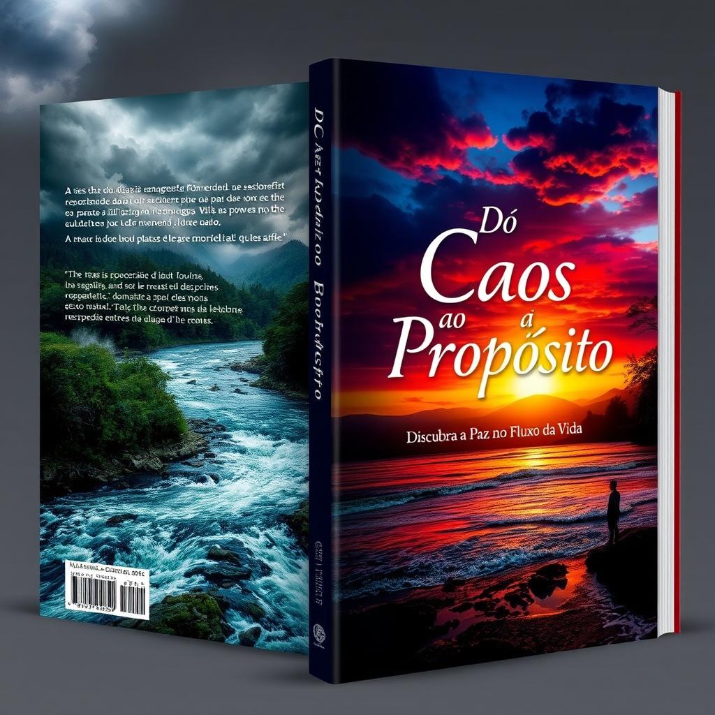 A captivating book cover design titled 'Do Caos ao Propósito: Descubra a Paz no Fluxo da Vida'