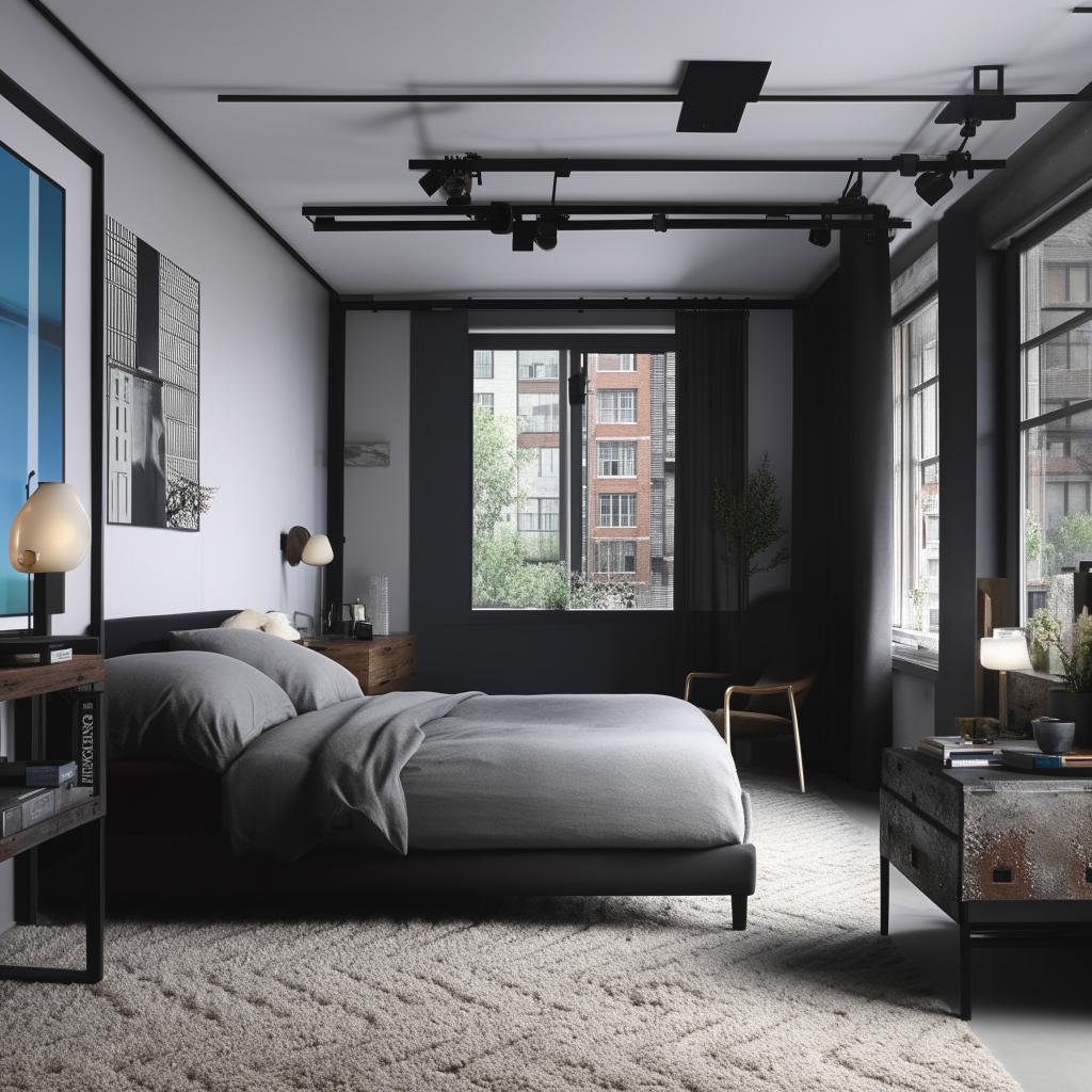 An urban-style bedroom with dimensions of 12 feet by 9 feet. The room showcases elements of city life, with contemporary furniture, industrial decor, and a modern color scheme.