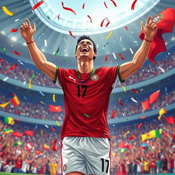 A dynamic and captivating illustration of Cristiano Ronaldo celebrating a championship victory in a World Cup setting