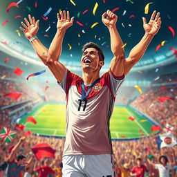 A dynamic and captivating illustration of Cristiano Ronaldo celebrating a championship victory in a World Cup setting