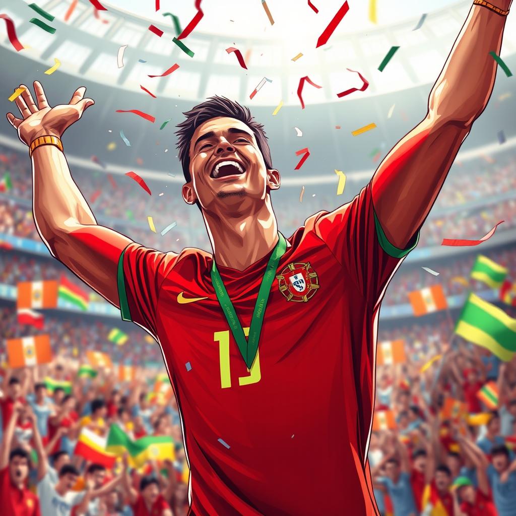 A dynamic and captivating illustration of Cristiano Ronaldo celebrating a championship victory in a World Cup setting