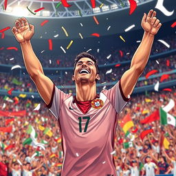 A dynamic and captivating illustration of Cristiano Ronaldo celebrating a championship victory in a World Cup setting