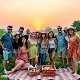 A warm and nostalgic group photo taken outdoors during sunset, showcasing a variety of people smiling and posing together