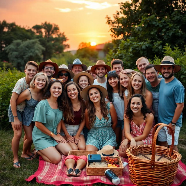 A warm and nostalgic group photo taken outdoors during sunset, showcasing a variety of people smiling and posing together