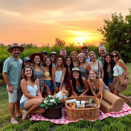 A warm and nostalgic group photo taken outdoors during sunset, showcasing a variety of people smiling and posing together
