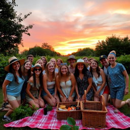 A warm and nostalgic group photo taken outdoors during sunset, showcasing a variety of people smiling and posing together