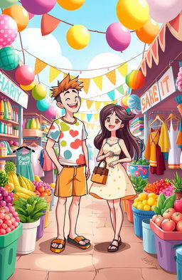 A vibrant and lively scene featuring cartoon-style male and female characters joyfully shopping together at an outdoor market