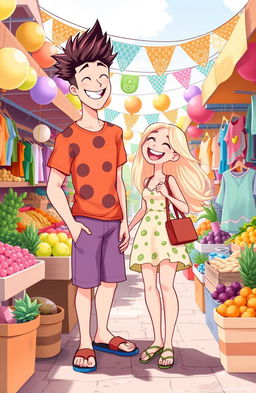A vibrant and lively scene featuring cartoon-style male and female characters joyfully shopping together at an outdoor market