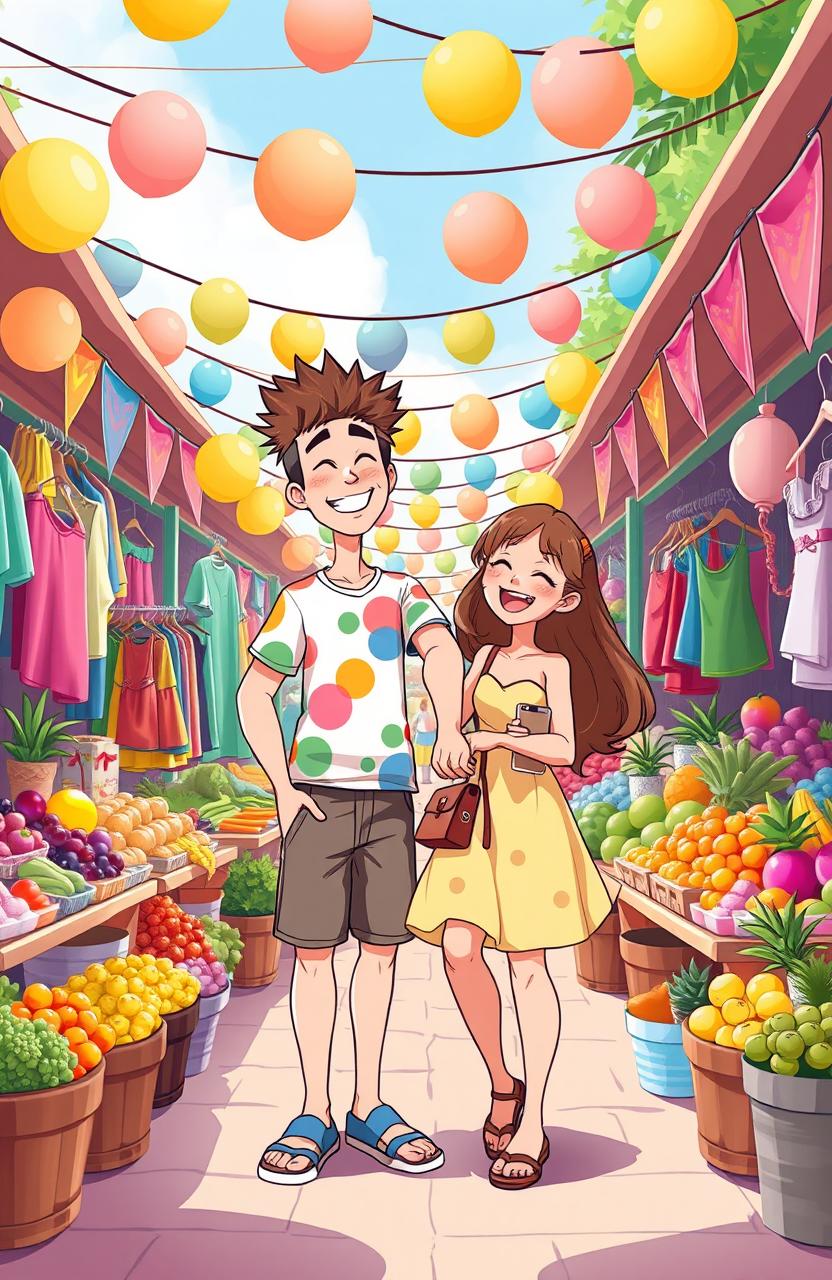 A vibrant and lively scene featuring cartoon-style male and female characters joyfully shopping together at an outdoor market