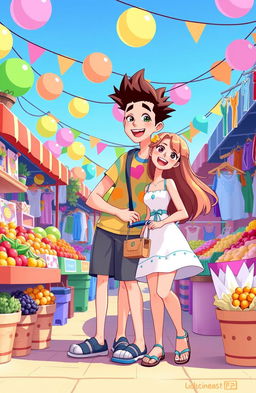 A vibrant and lively scene featuring cartoon-style male and female characters joyfully shopping together at an outdoor market