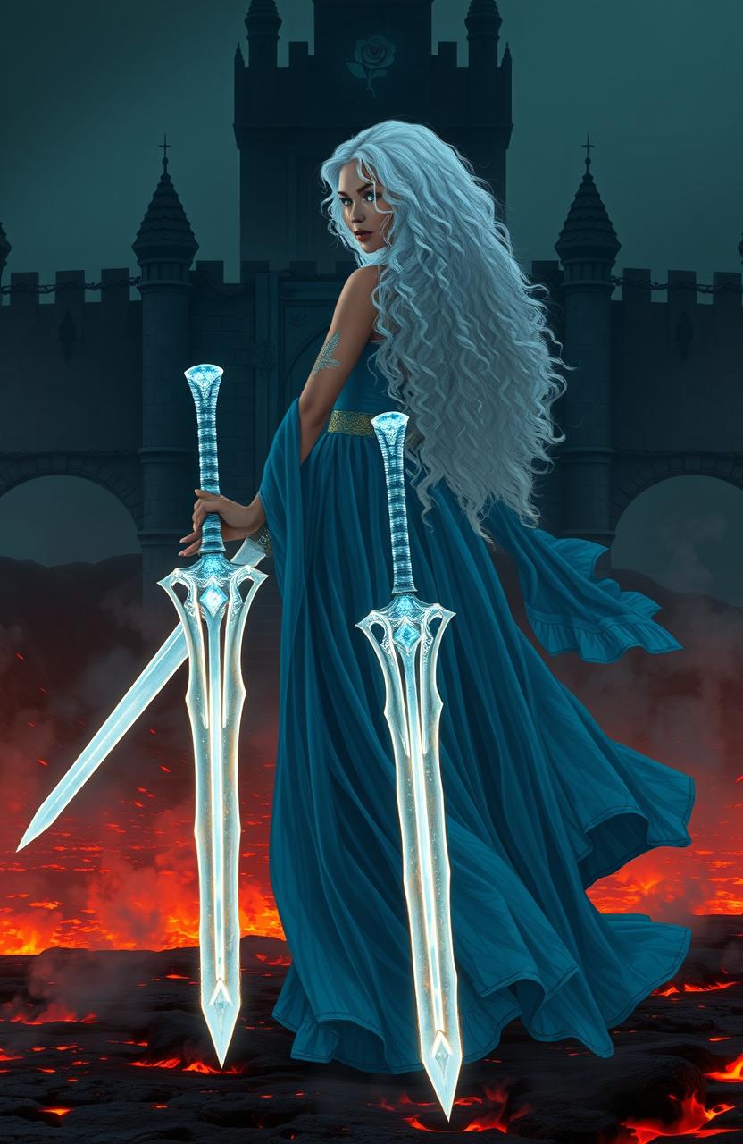 A dramatic silhouette of a long, snow white curly haired female character with light caramel skin, draped in an ethereal gown of varying winter blues