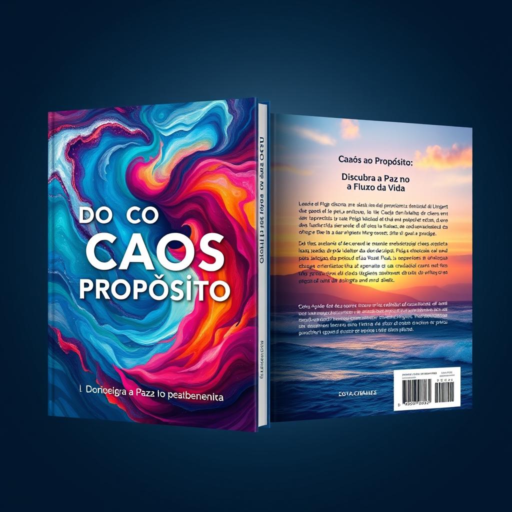 A captivating book cover design titled "Do Caos ao Propósito: Descubra a Paz no Fluxo da Vida" featuring a visually stunning representation of chaos transforming into peace and purpose