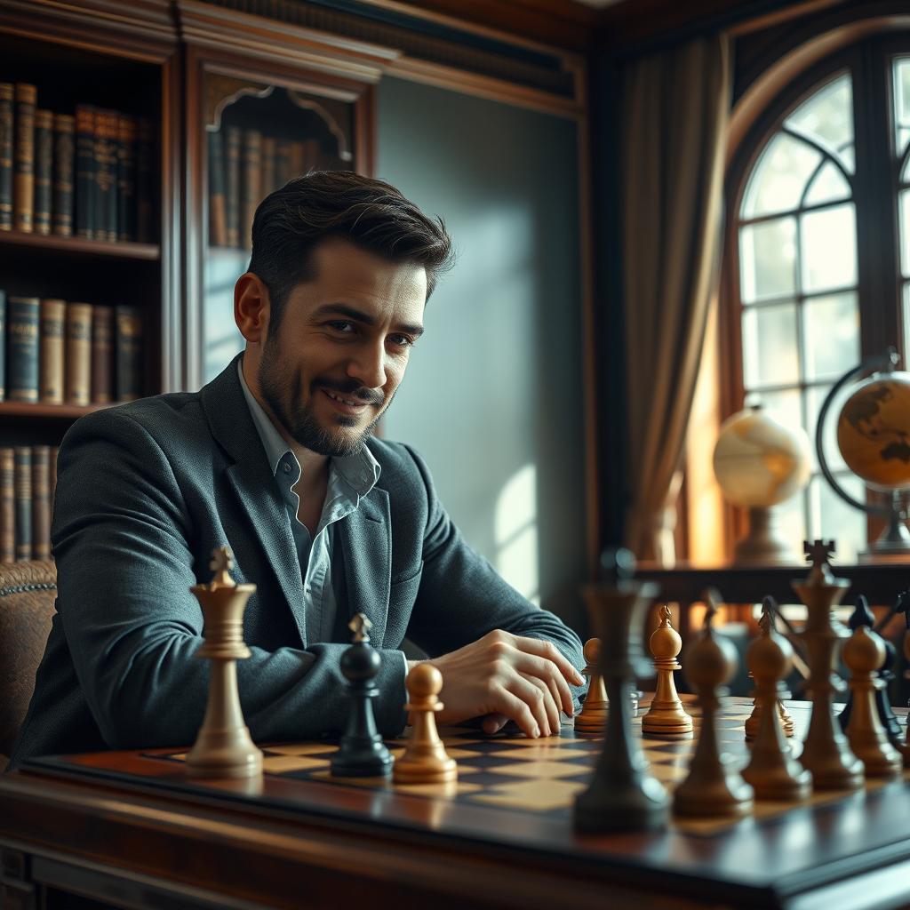 A cinematic scene featuring the Turkish actor Tolga Saritas deeply focused and playing chess in a stylish and sophisticated environment