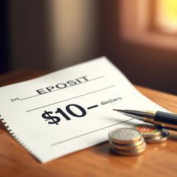 An artistic rendering of a bank deposit slip, prominently featuring the text indicating a deposit of negative ten dollars (-10) in bold letters
