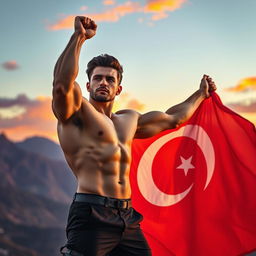 A powerful scene featuring a handsome young man with a strong physique, reminiscent of Tolga Sarıtaş, raising a large flag with pride