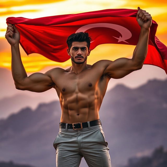 A powerful scene featuring a handsome young man with a strong physique, reminiscent of Tolga Sarıtaş, raising a large flag with pride