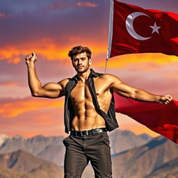 A powerful scene featuring a handsome young man with a strong physique, reminiscent of Tolga Sarıtaş, raising a large flag with pride