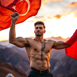 A powerful scene featuring a handsome young man with a strong physique, reminiscent of Tolga Sarıtaş, raising a large flag with pride