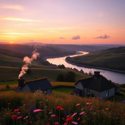 A serene landscape at sunrise, featuring a picturesque countryside scene with rolling hills and a winding river