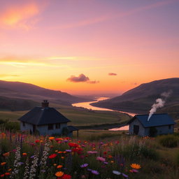 A serene landscape at sunrise, featuring a picturesque countryside scene with rolling hills and a winding river