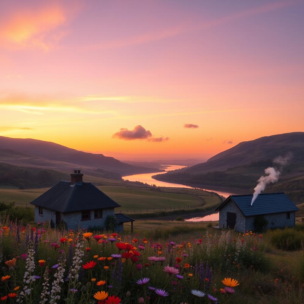 A serene landscape at sunrise, featuring a picturesque countryside scene with rolling hills and a winding river
