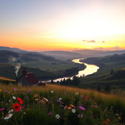 A serene landscape at sunrise, featuring a picturesque countryside scene with rolling hills and a winding river