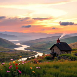 A serene landscape at sunrise, featuring a picturesque countryside scene with rolling hills and a winding river