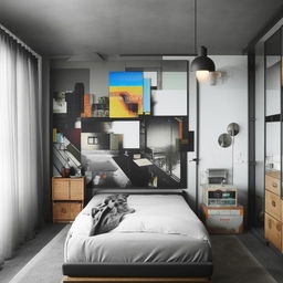 An urban-style bedroom with dimensions of 12 feet by 9 feet. The room showcases elements of city life, with contemporary furniture, industrial decor, and a modern color scheme.