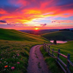 A serene and beautiful landscape depicting a peaceful countryside at sunset