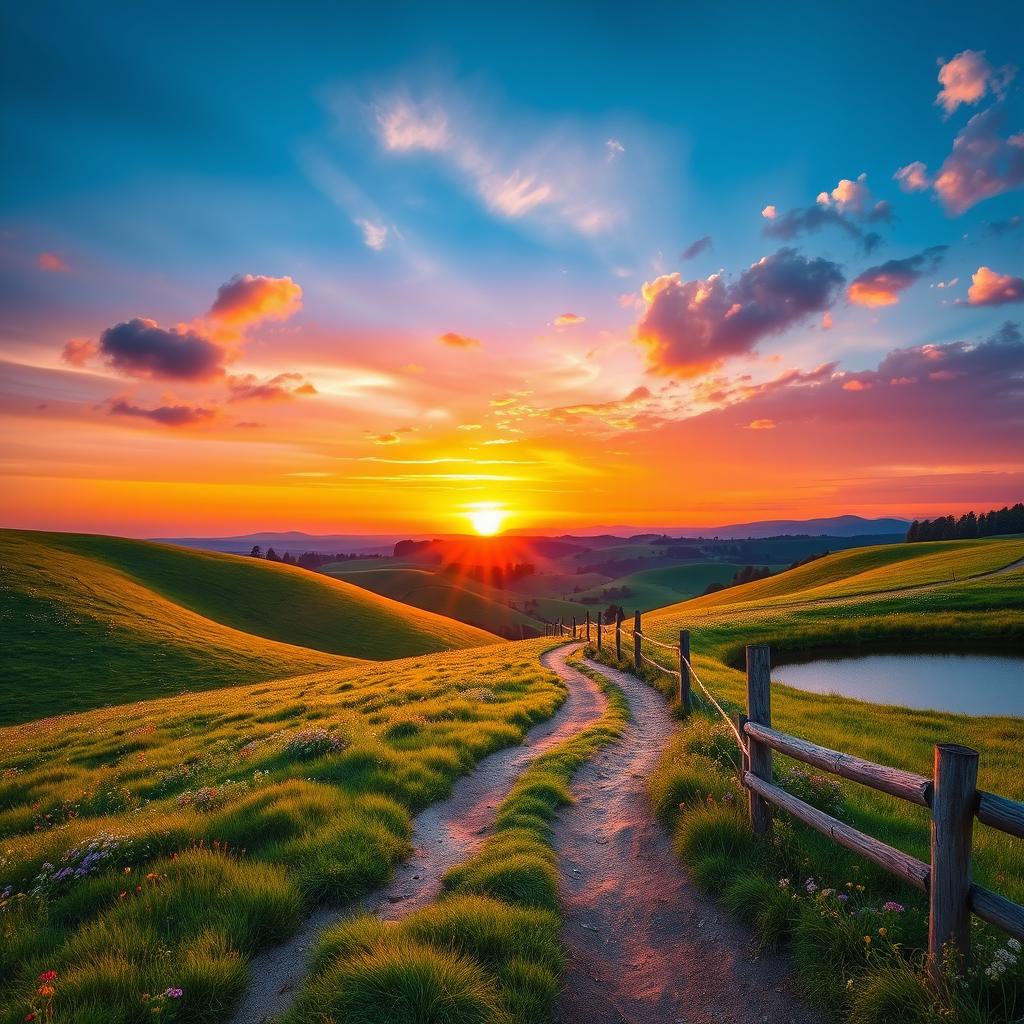 A serene and beautiful landscape depicting a peaceful countryside at sunset