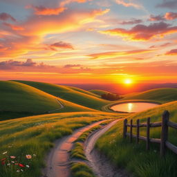 A serene and beautiful landscape depicting a peaceful countryside at sunset